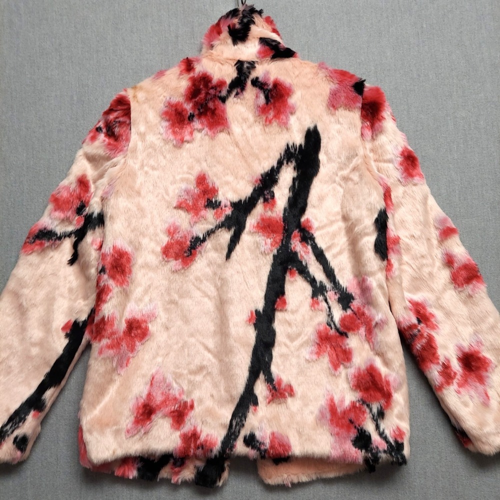 GUESS Faux Fur Floral Coat Womens XS Pink Cherry Blossom Y2K Glam Luxe Jacket - Picture 7 of 16